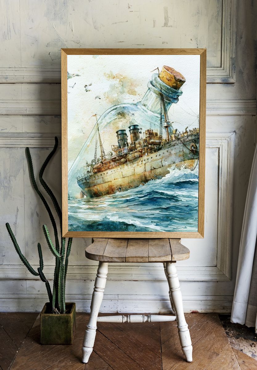Ship in Bottle Watercolor Print. — room view 1