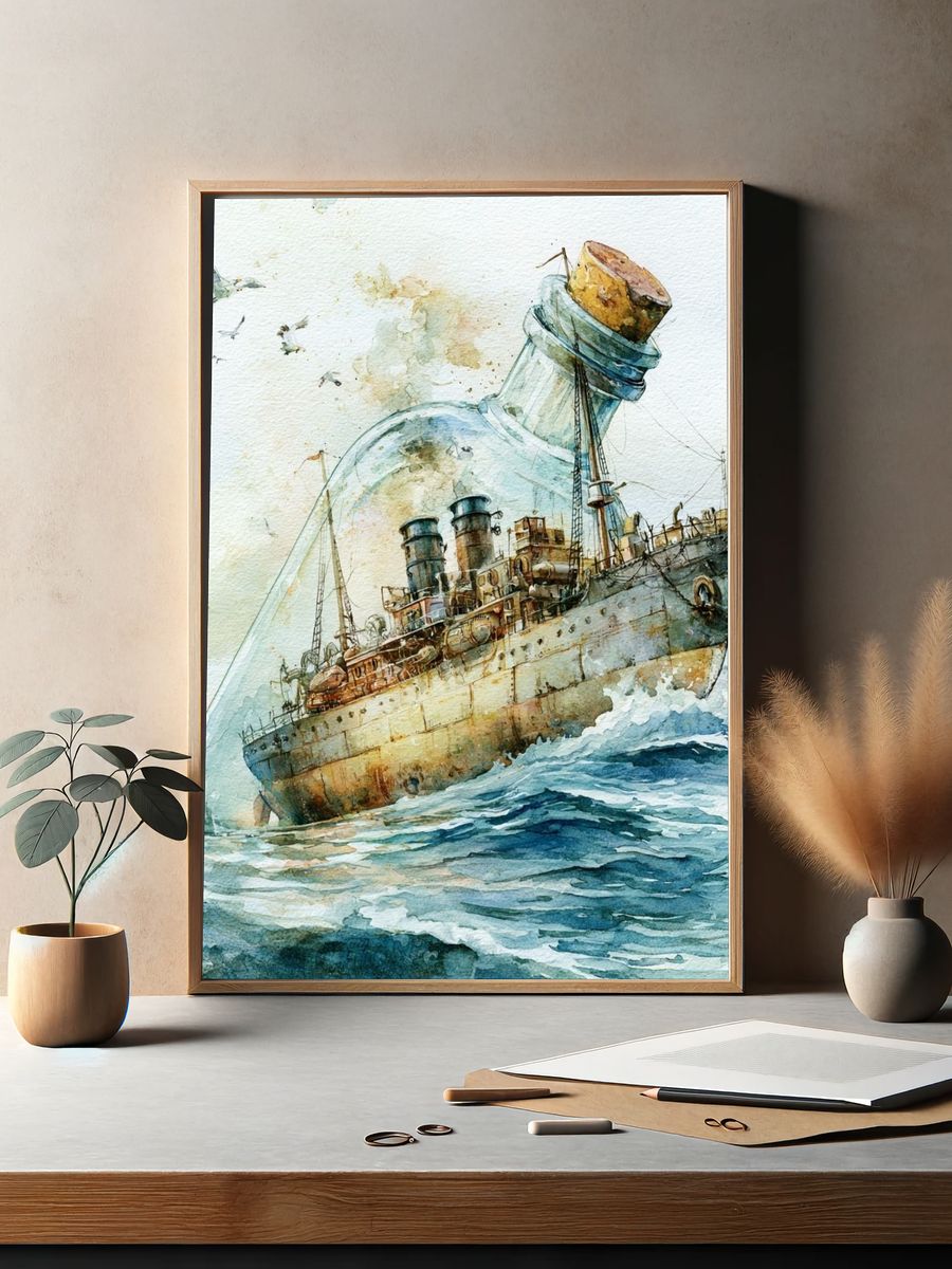 Ship in Bottle Watercolor Print. — room view 2