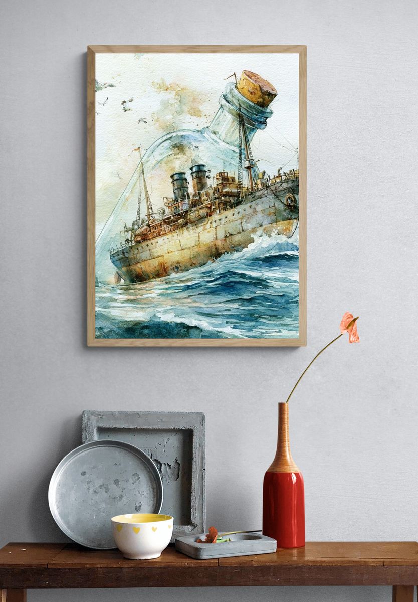 Ship in Bottle Watercolor Print. — room view 3
