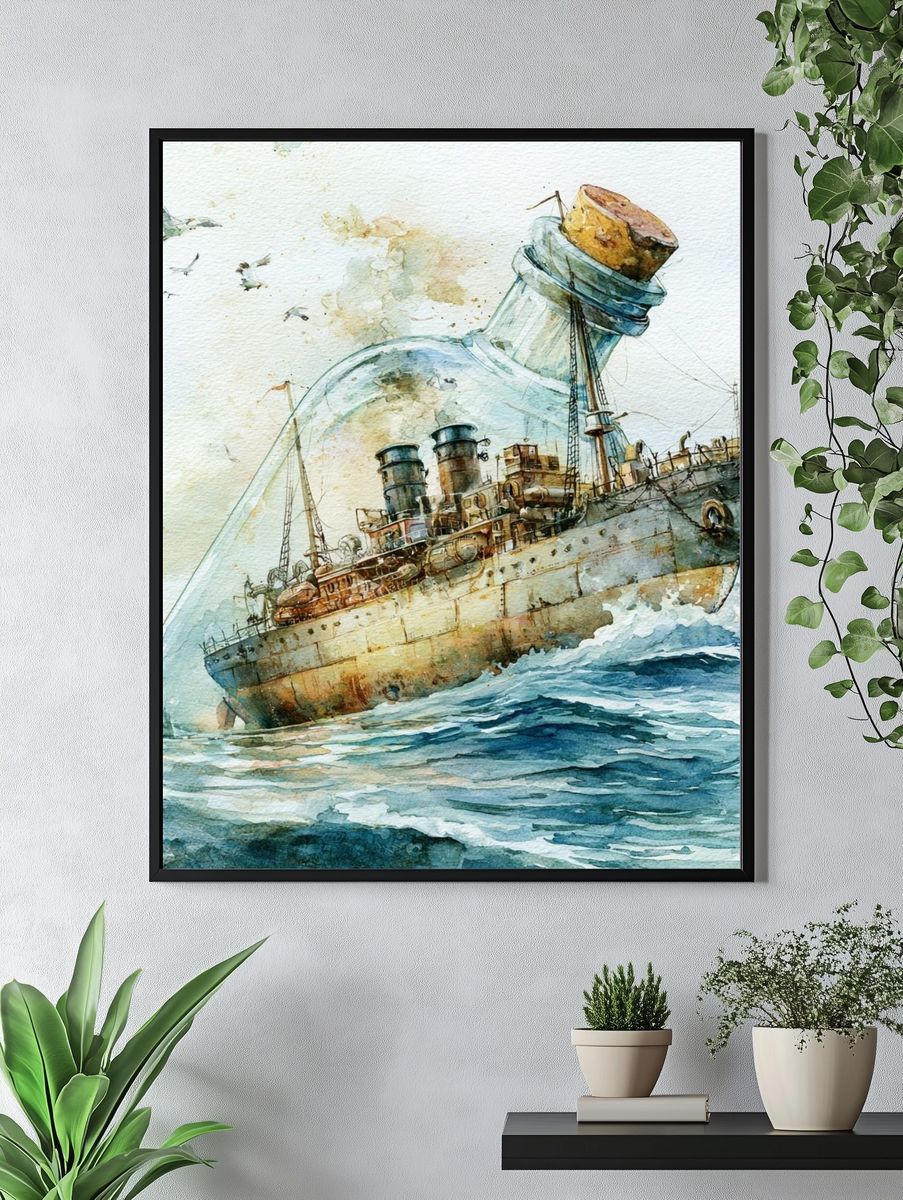 Ship in Bottle Watercolor Print. — room view 4