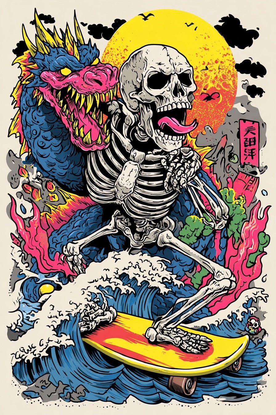 Skeleton Surfing with Dragon — Illustration Print. poster detail