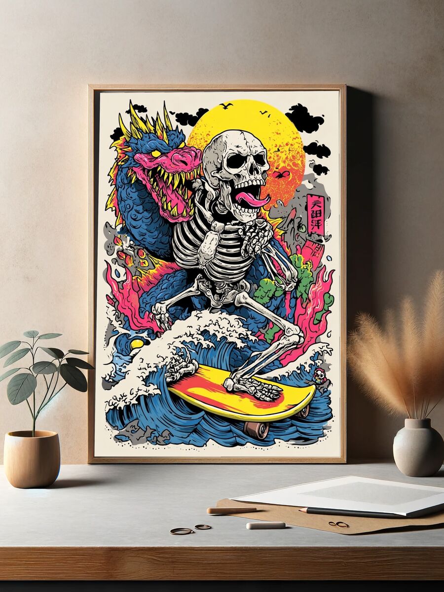 Skeleton Surfing with Dragon — Illustration Print. — room view 2