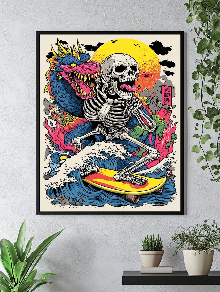 Skeleton Surfing with Dragon — Illustration Print. — room view 4