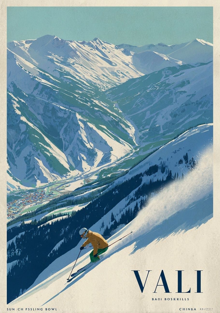 Skiing in the Mountains — Vintage Print. poster detail