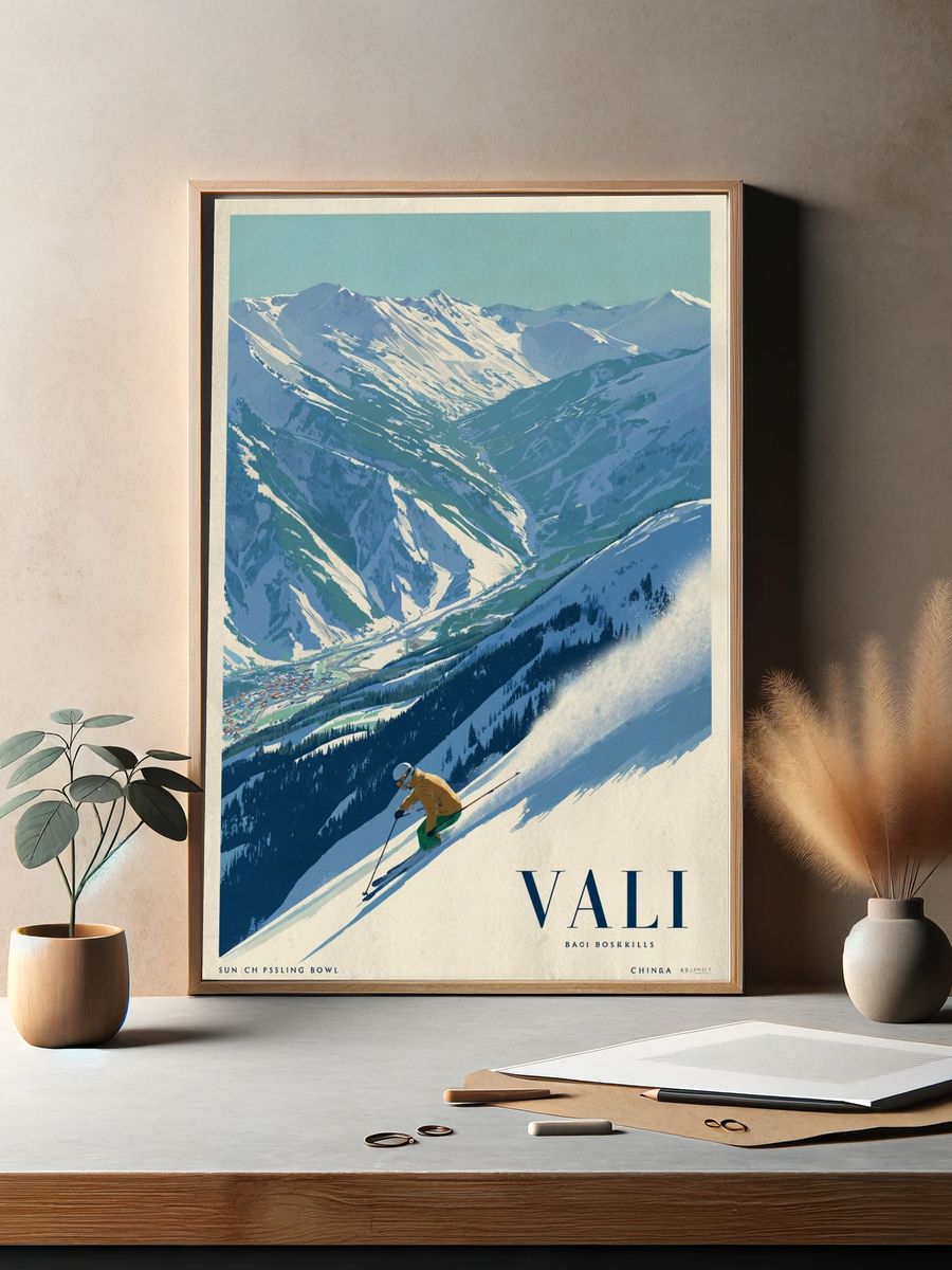 Skiing in the Mountains — Vintage Print. — room view 2