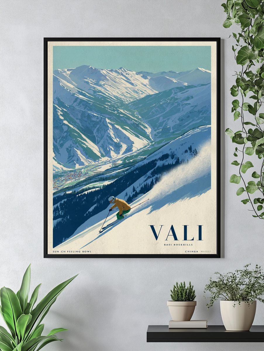Skiing in the Mountains — Vintage Print. — room view 4