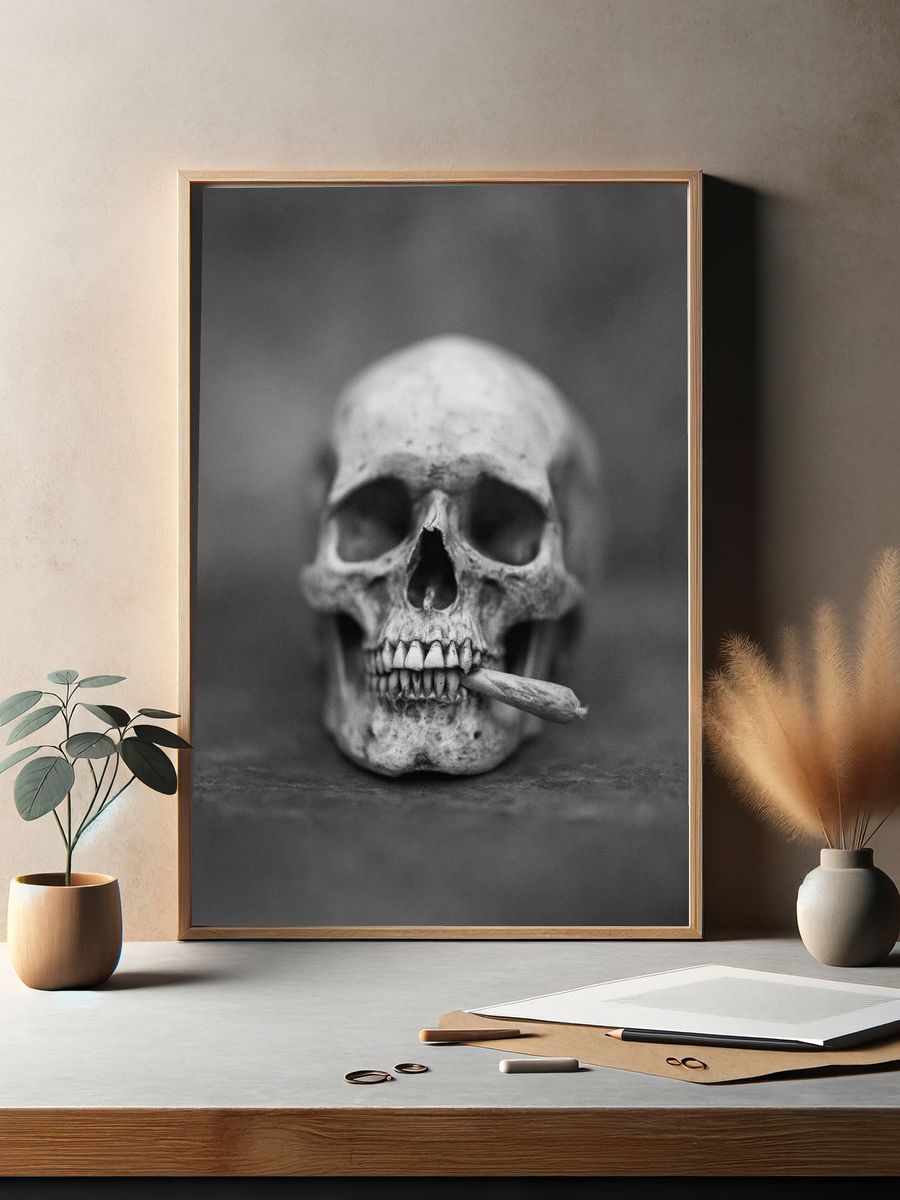 Skull with Cigarette Black-White Poster. — room view 2