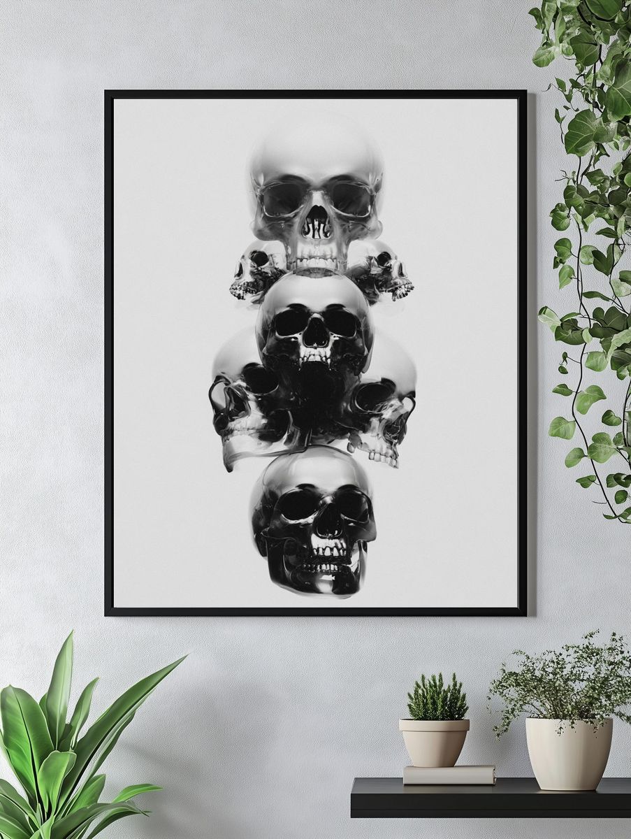 Stacked Skulls Black-White Poster. — room view 4