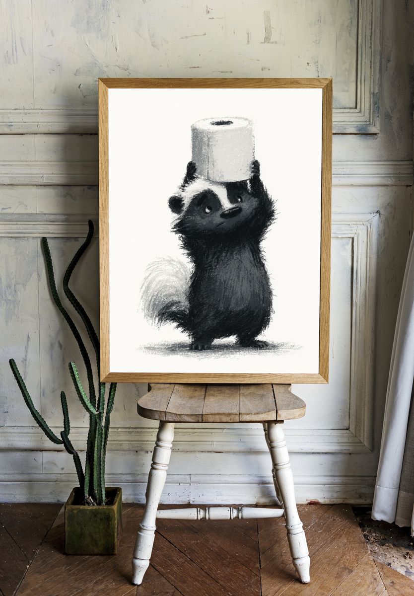 Skunk with Toilet Paper Illustration Poster. — room view 1