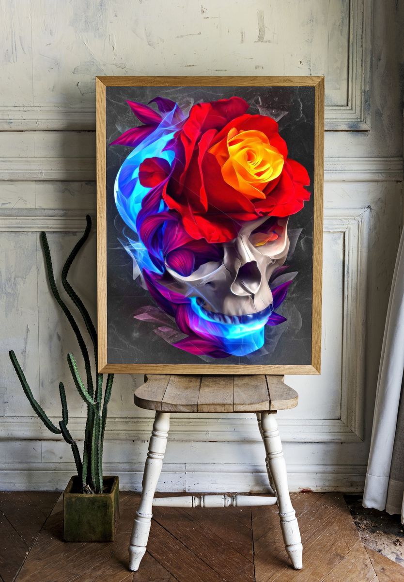 Skull with Roses — Digital Art Print. — room view 1