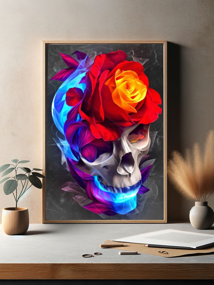 Skull with Roses — Digital Art Print. — room view 2
