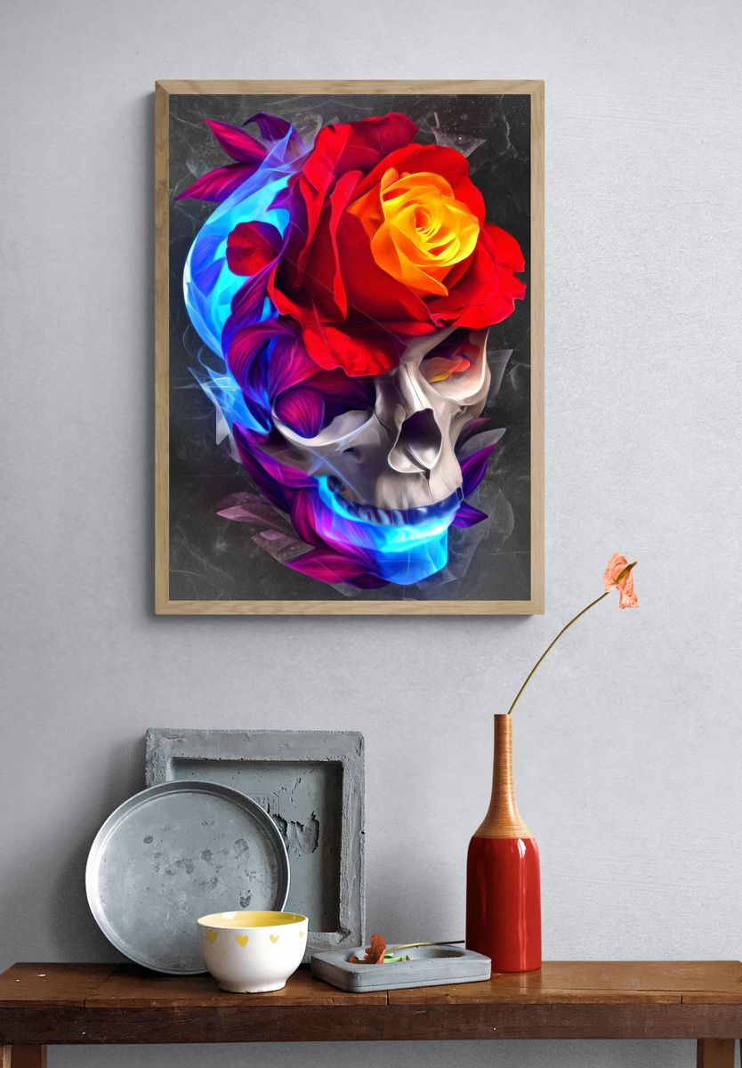 Skull with Roses — Digital Art Print. — room view 3