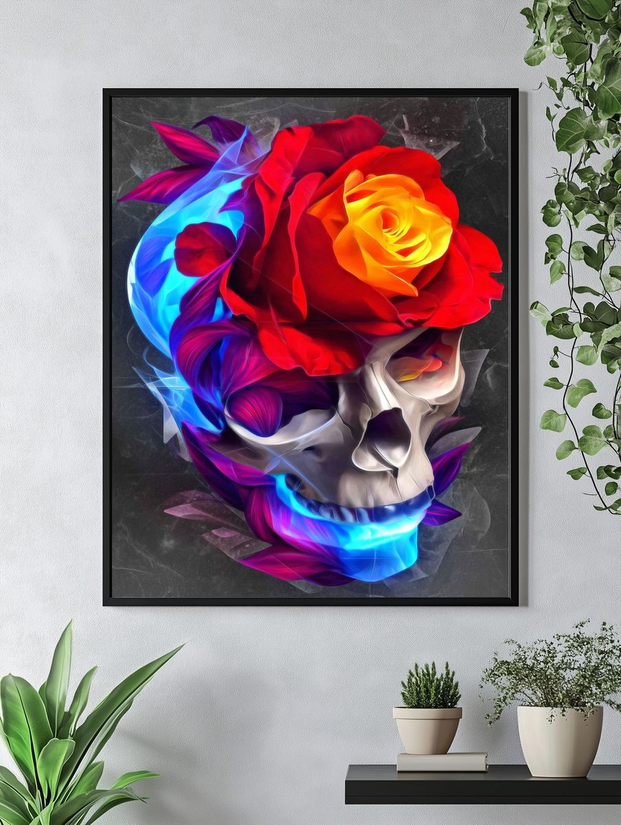 Skull with Roses — Digital Art Print. — room view 4