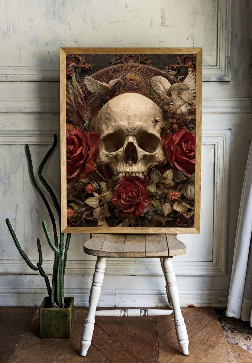 Skull and Roses — Dark Art Print. — room view 1