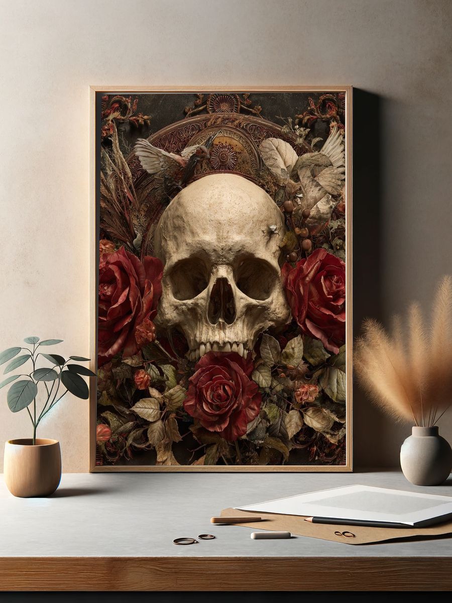 Skull and Roses — Dark Art Print. — room view 2