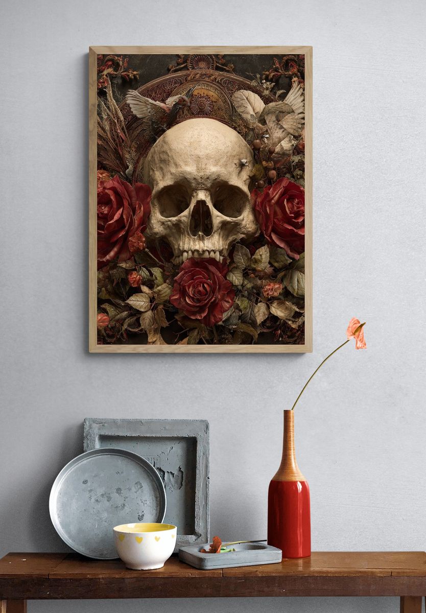Skull and Roses — Dark Art Print. — room view 3