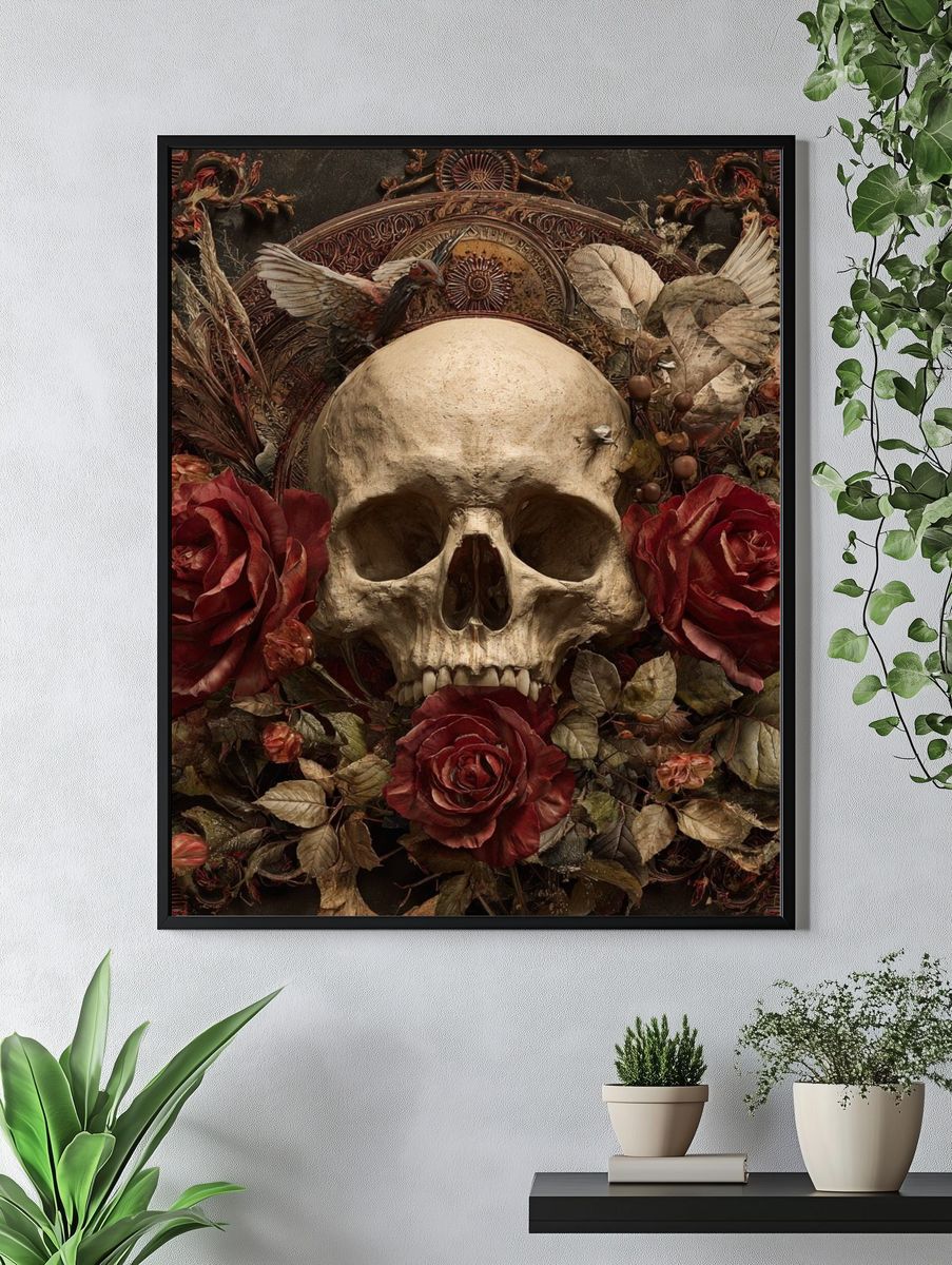 Skull and Roses — Dark Art Print. — room view 4