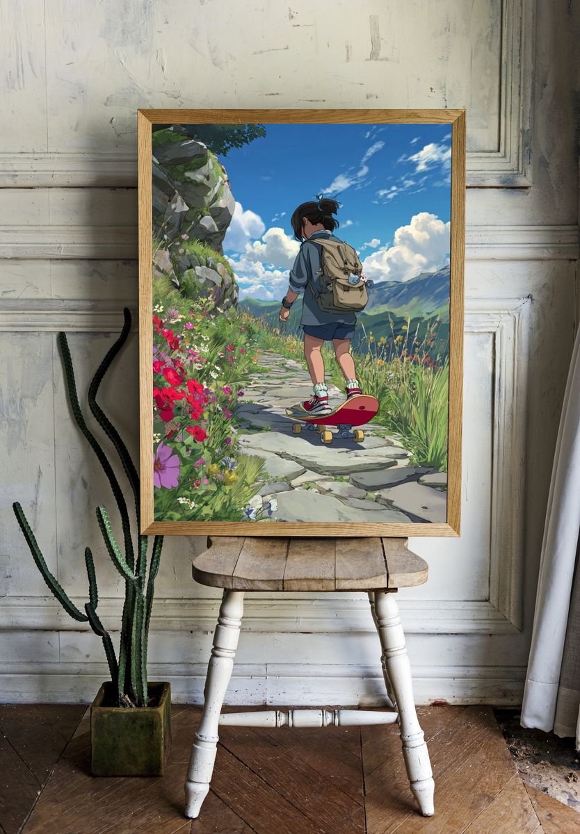 Skateboarding in Nature — Digital Art Print. — room view 1