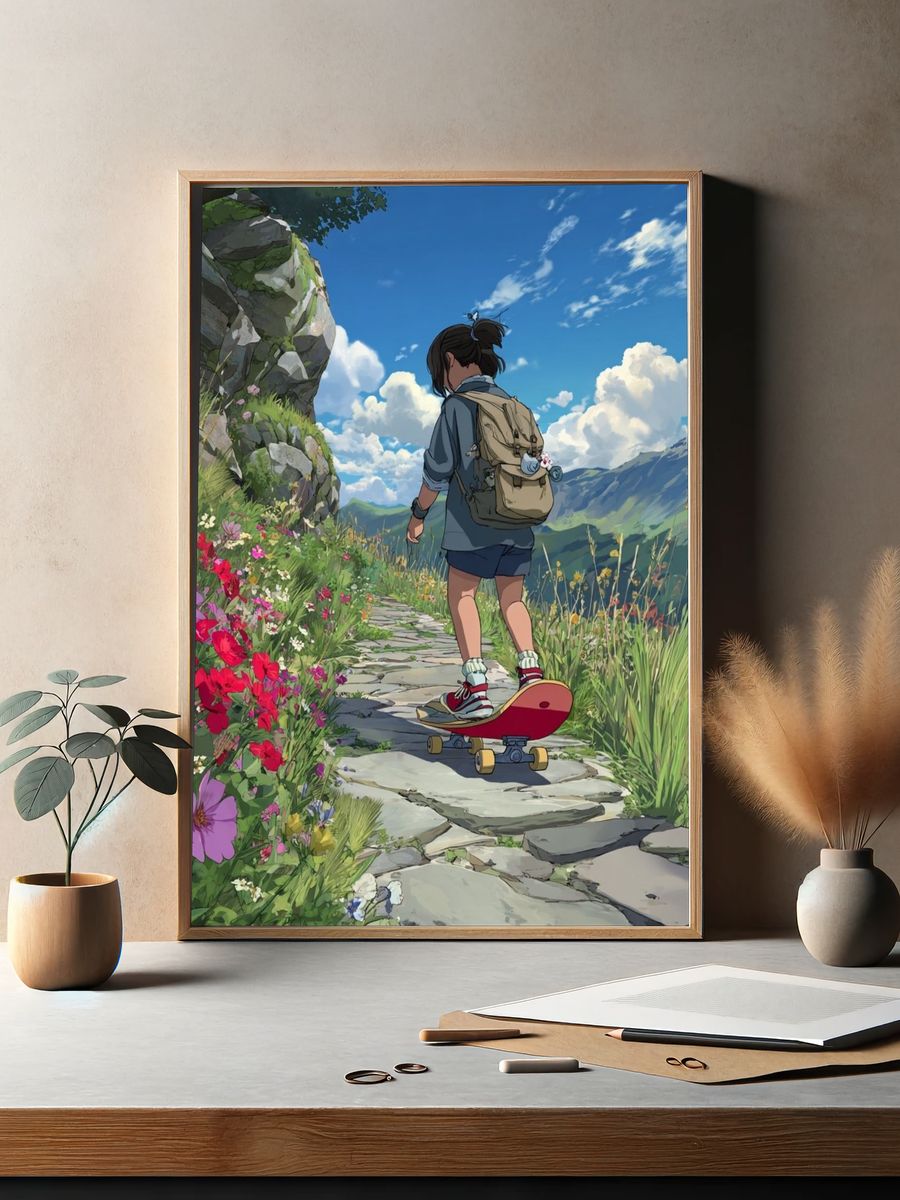Skateboarding in Nature — Digital Art Print. — room view 2