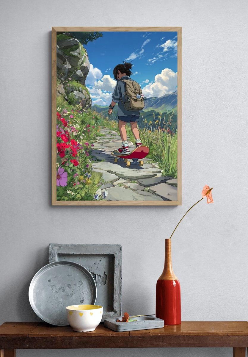 Skateboarding in Nature — Digital Art Print. — room view 3