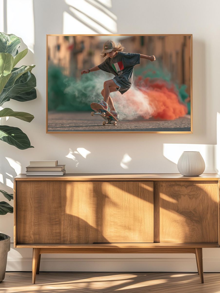 Skateboarder in Motion Photography Poster. — room view 3
