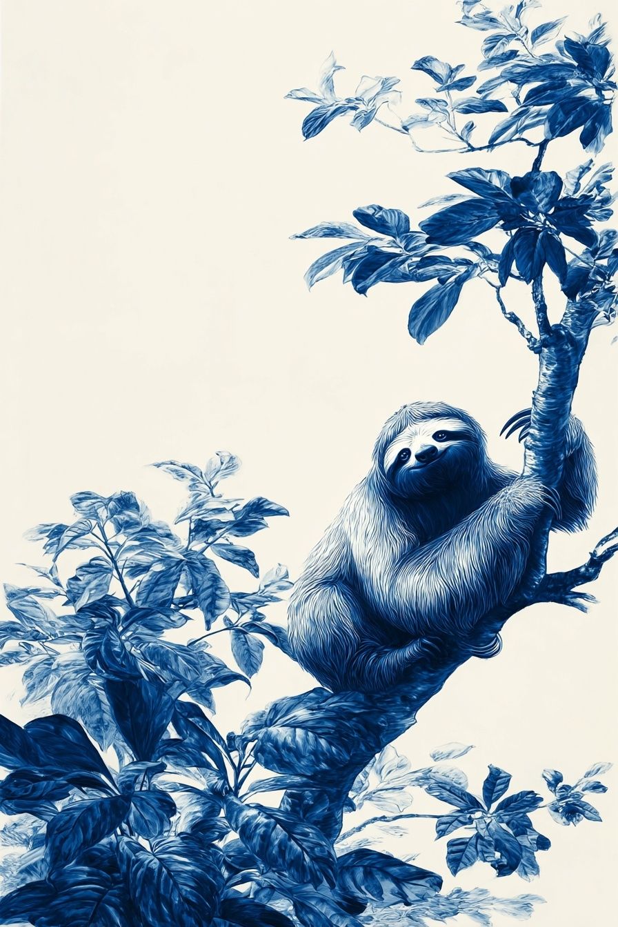Blue Sloth in Botanical Tree Poster. poster detail