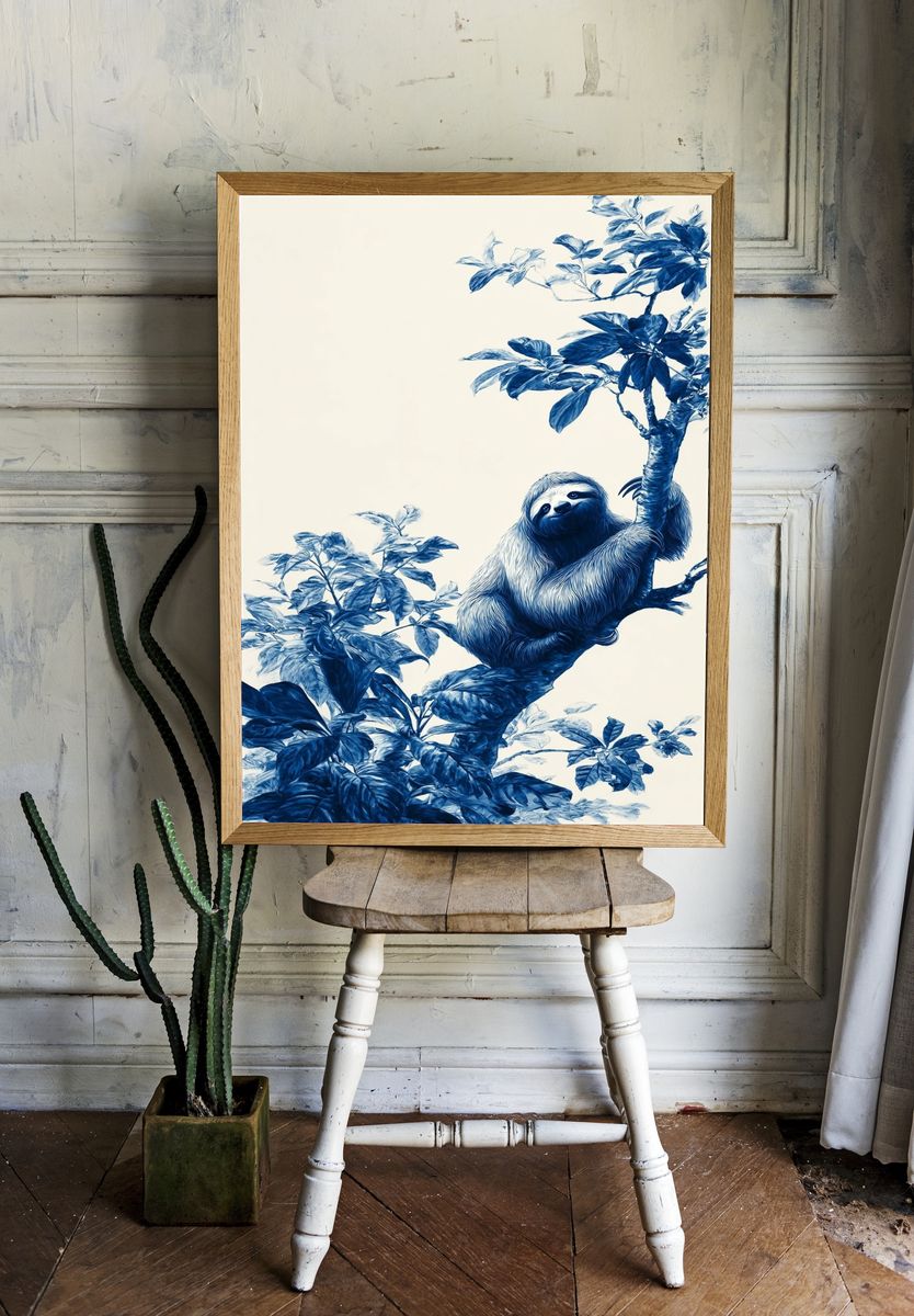 Blue Sloth in Botanical Tree Poster. — room view 1