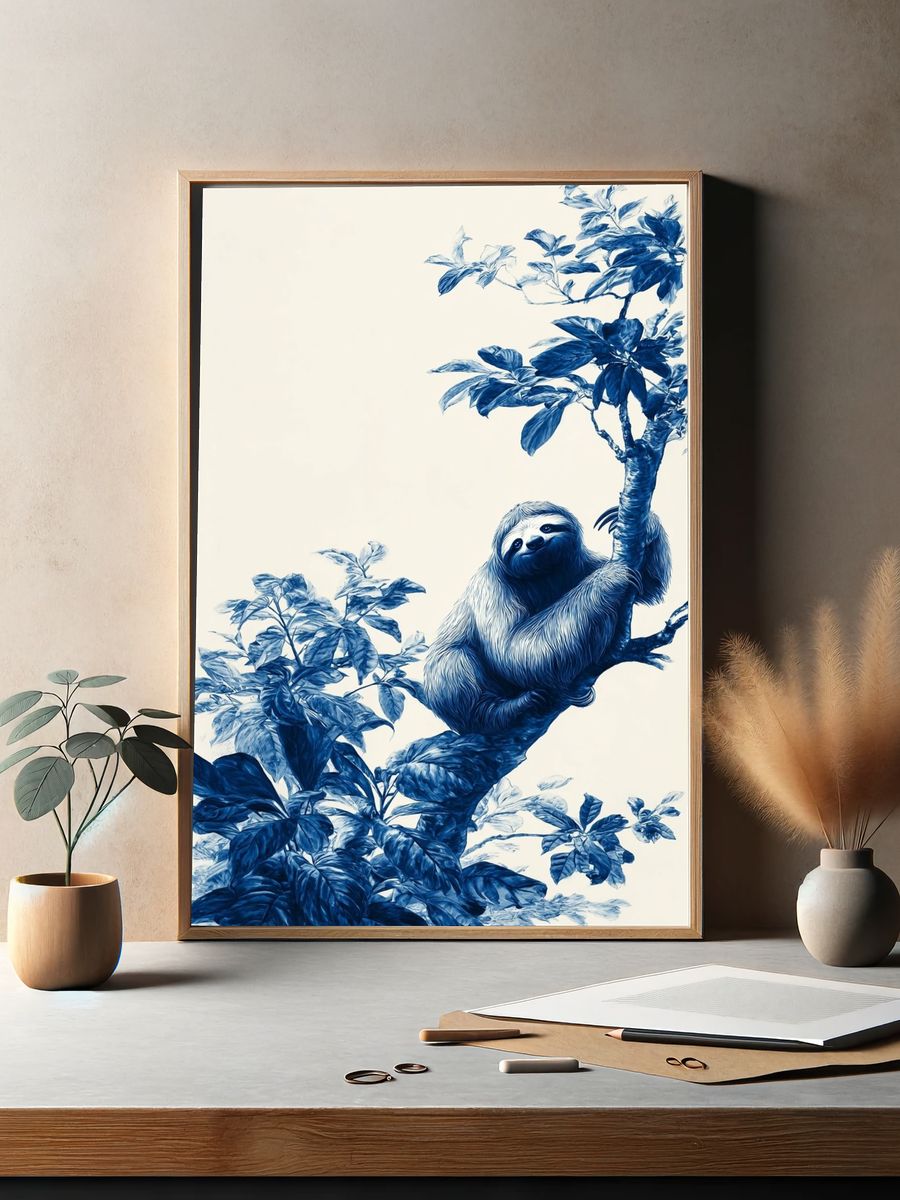 Blue Sloth in Botanical Tree Poster. — room view 2