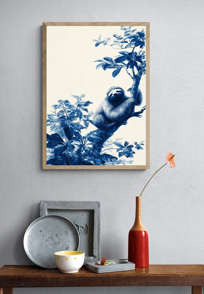 Blue Sloth in Botanical Tree Poster. — room view 3