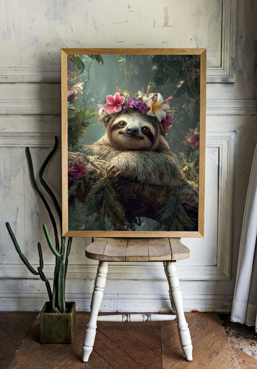 Sloth in Floral Crown — Animal Print. — room view 1