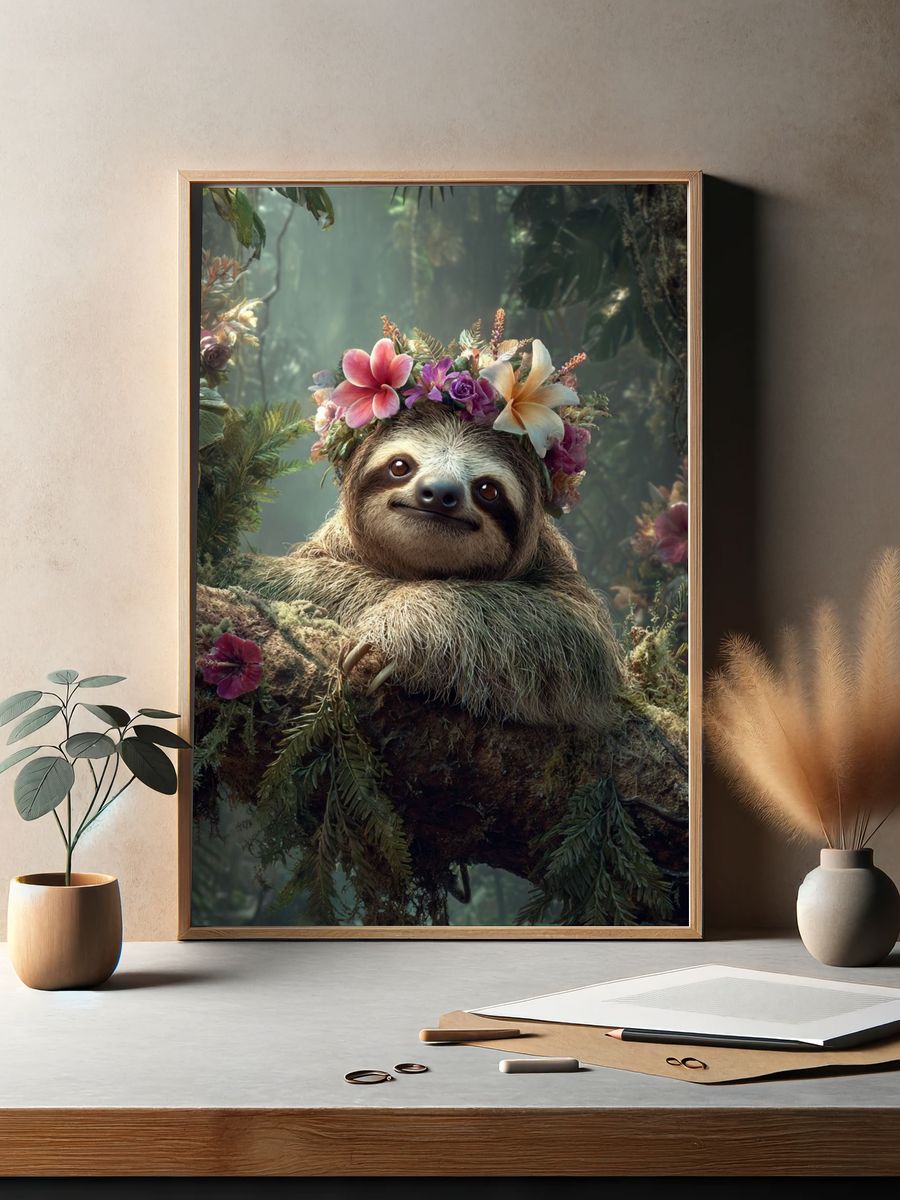 Sloth in Floral Crown — Animal Print. — room view 2