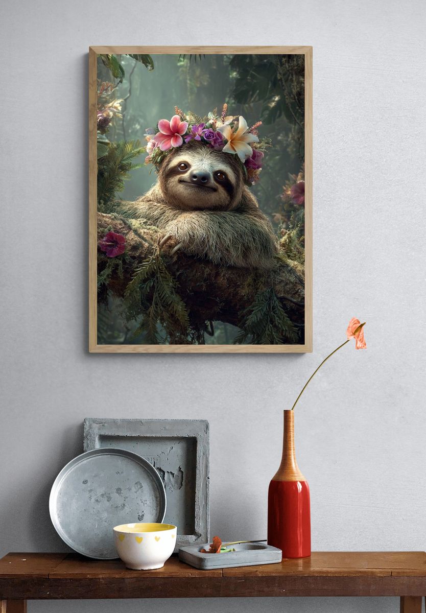 Sloth in Floral Crown — Animal Print. — room view 3