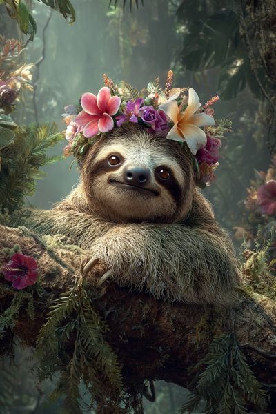Sloth in Floral Crown — Animal Print. poster