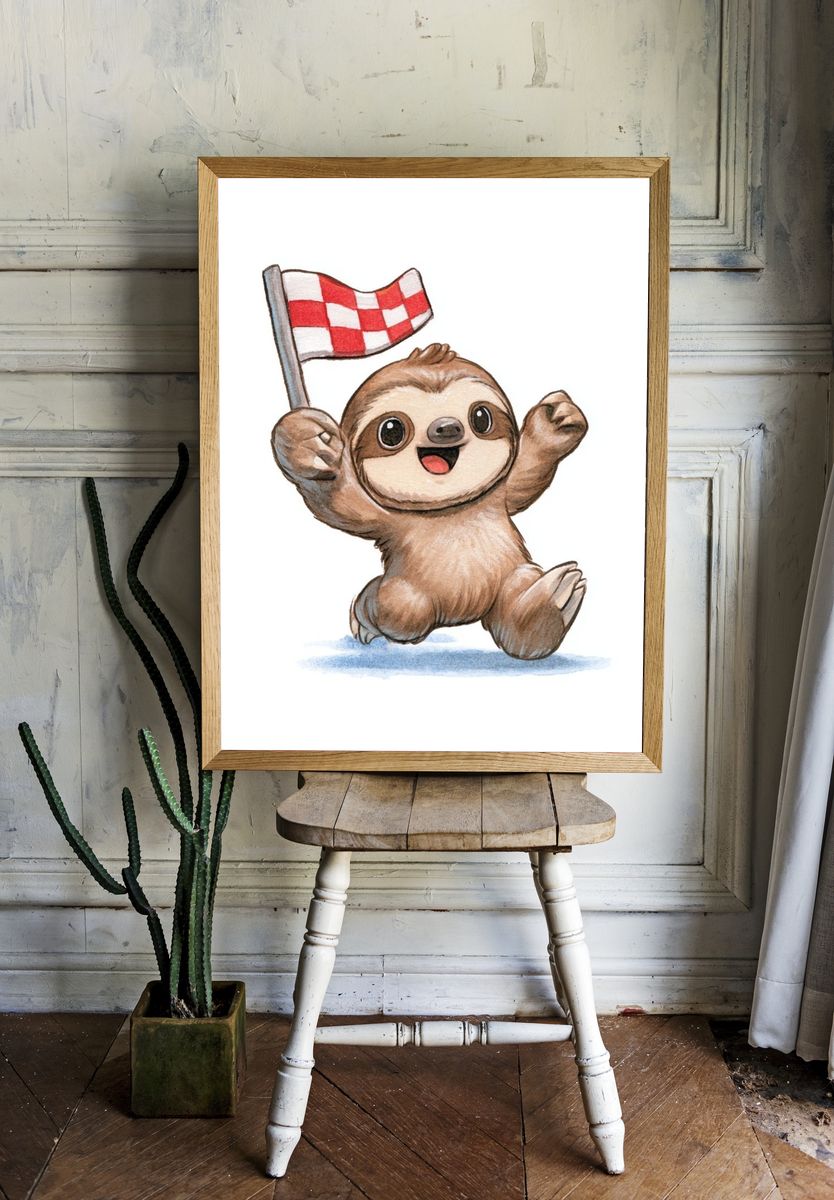 Cheering Sloth Watercolor Poster. room preview