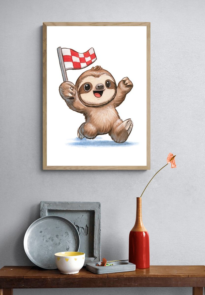 Cheering Sloth Watercolor Poster. — room view 3
