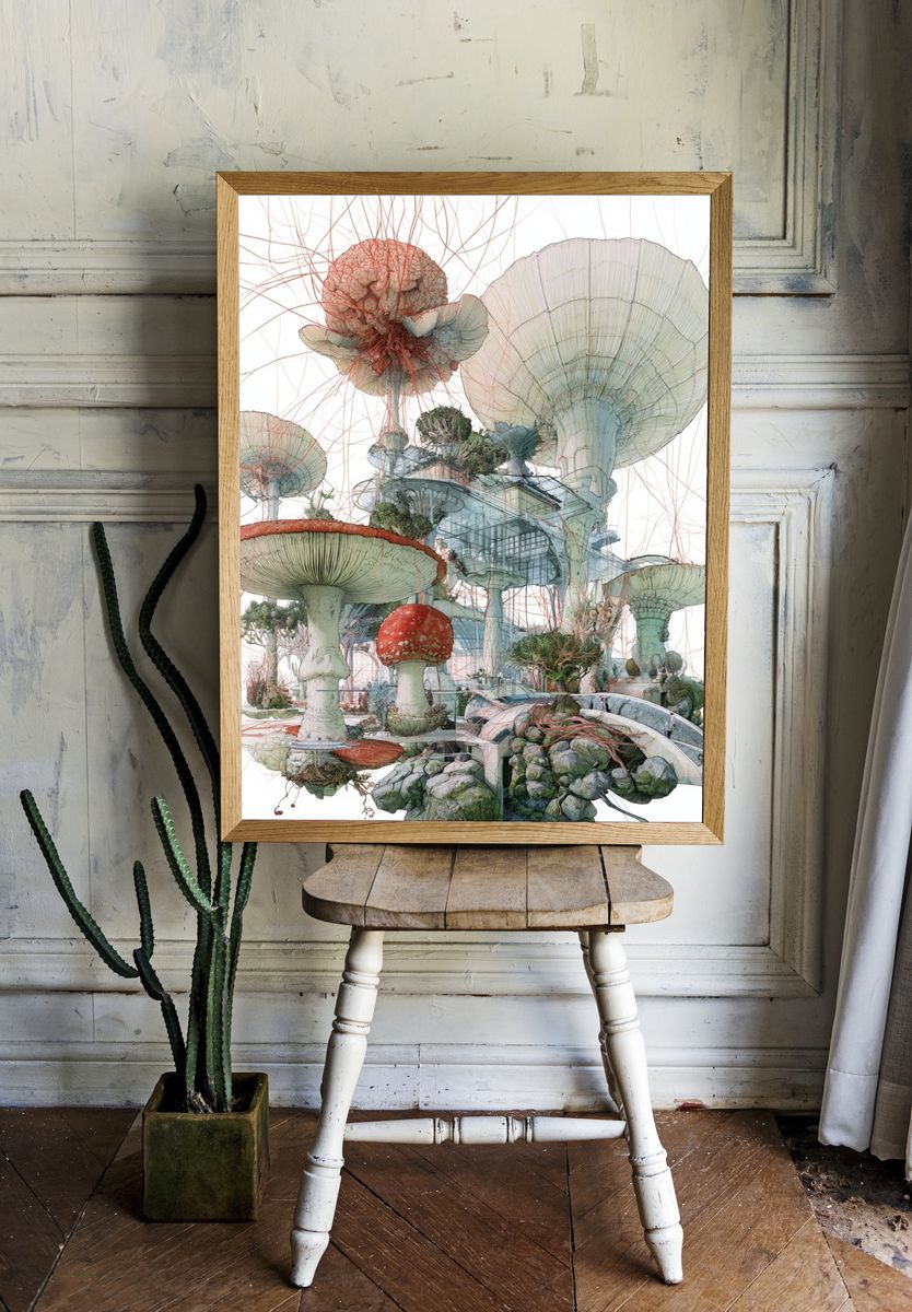 Surreal Mushroom Garden Print. — room view 1