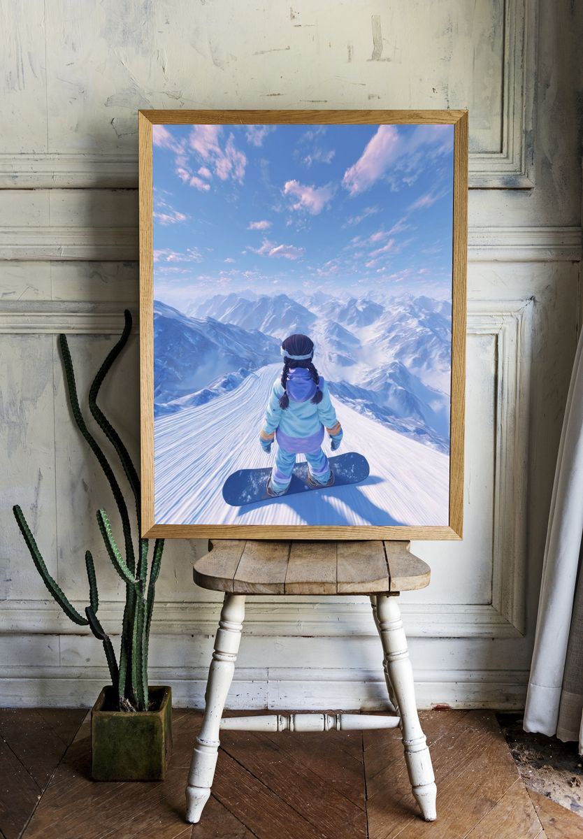 Snowboarder on Mountain Summit — Digital Art Print. — room view 1