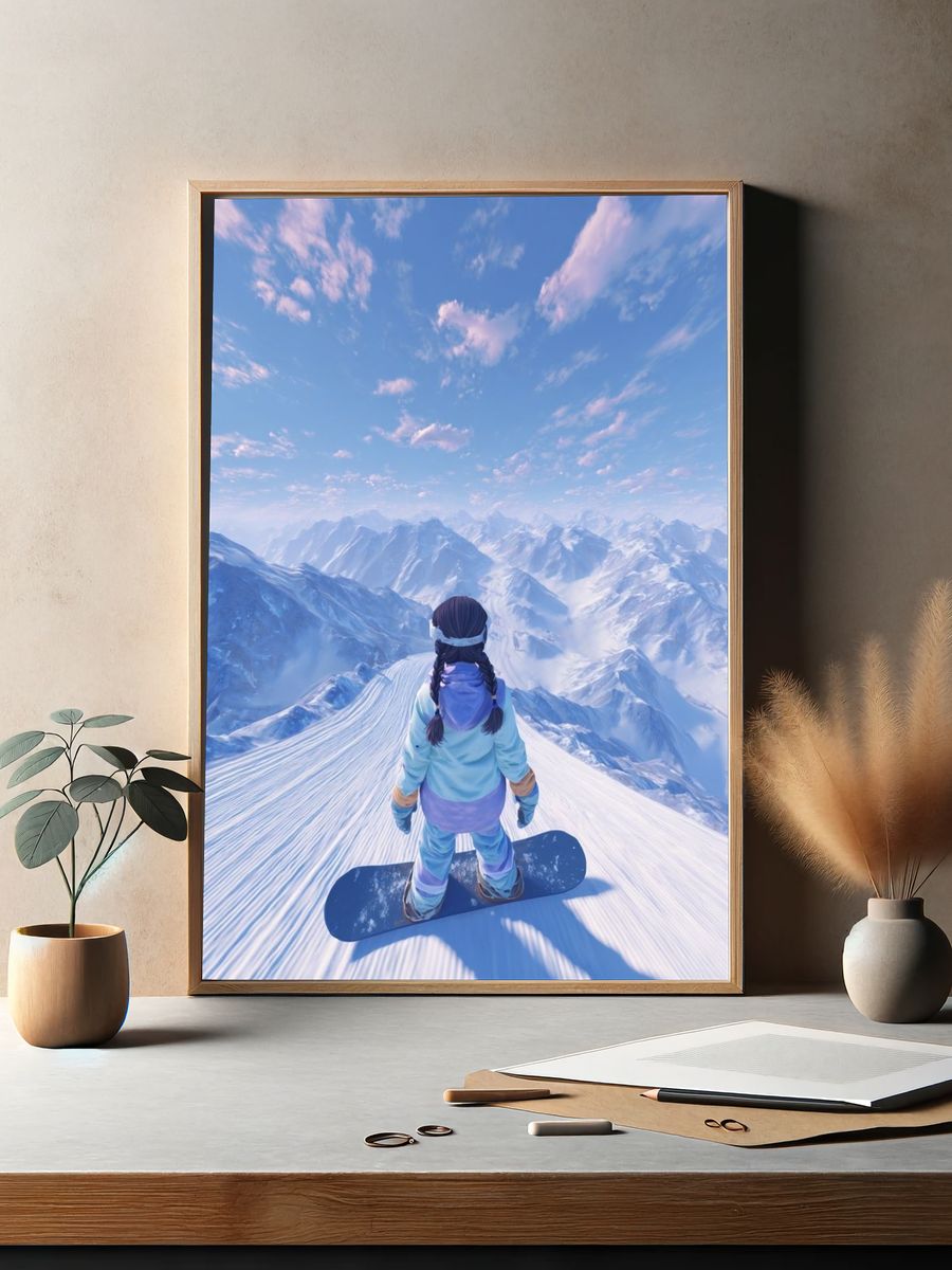Snowboarder on Mountain Summit — Digital Art Print. — room view 2