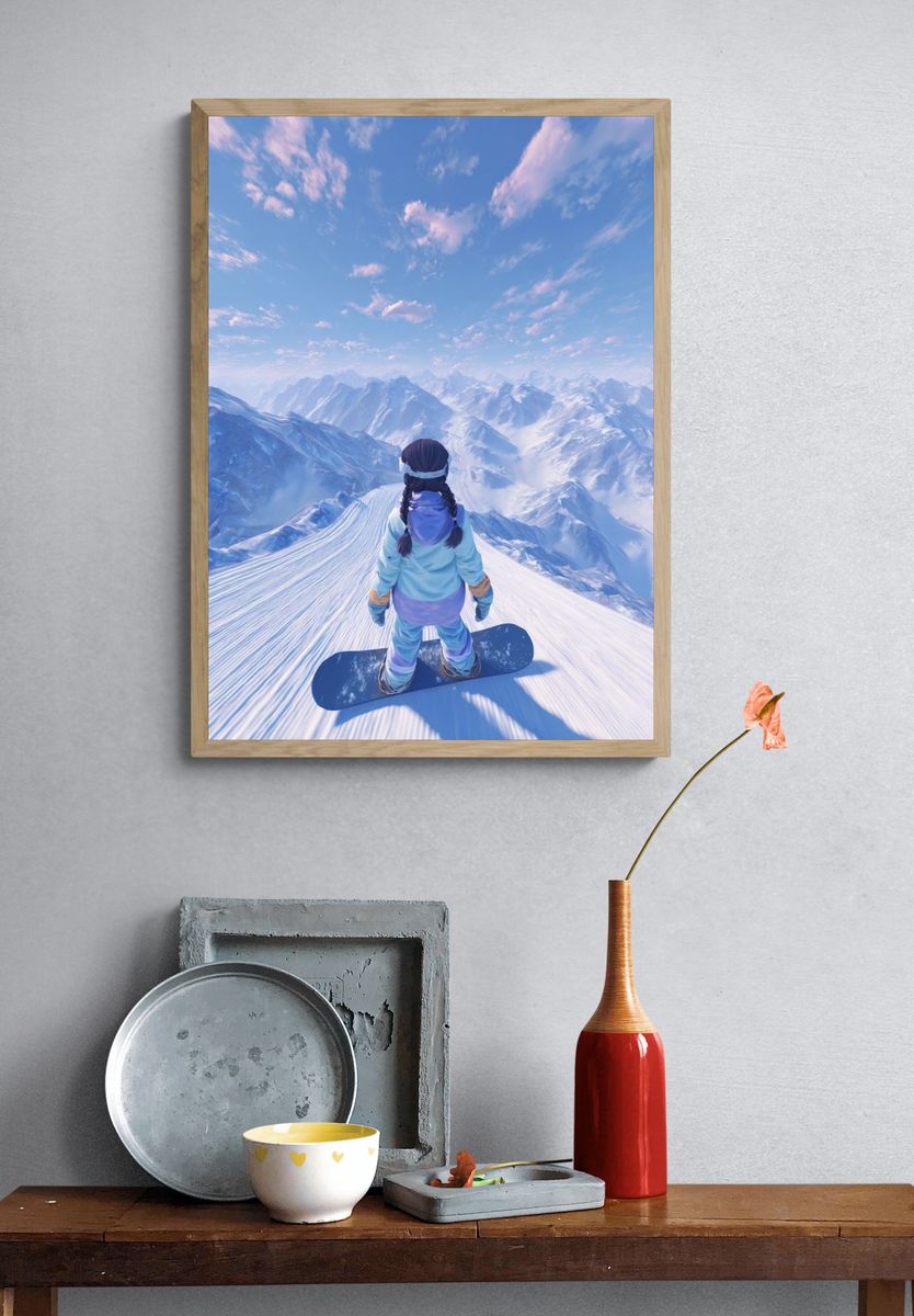 Snowboarder on Mountain Summit — Digital Art Print. — room view 3
