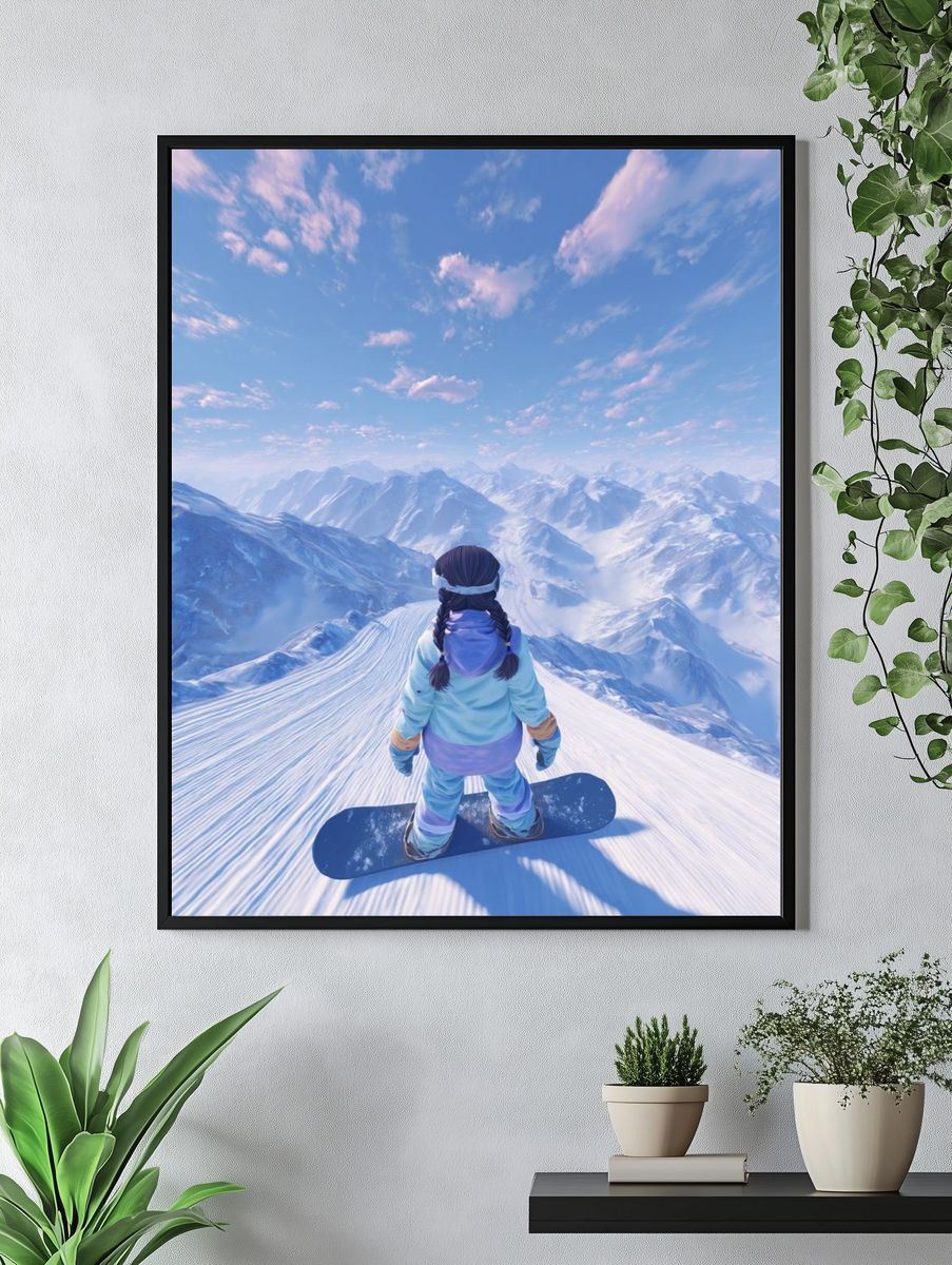 Snowboarder on Mountain Summit — Digital Art Print. — room view 4
