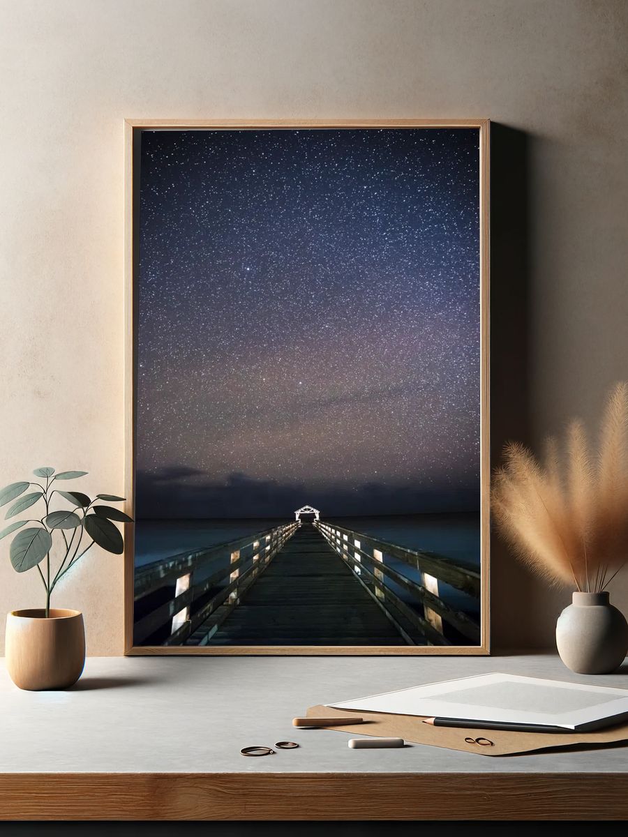 Starry Night Over Pier — Photography Print. — room view 2