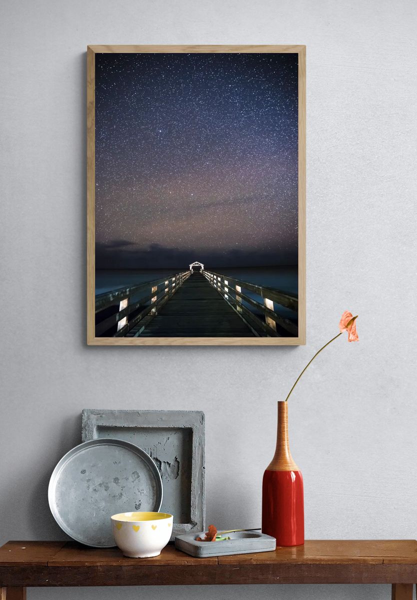 Starry Night Over Pier — Photography Print. — room view 3