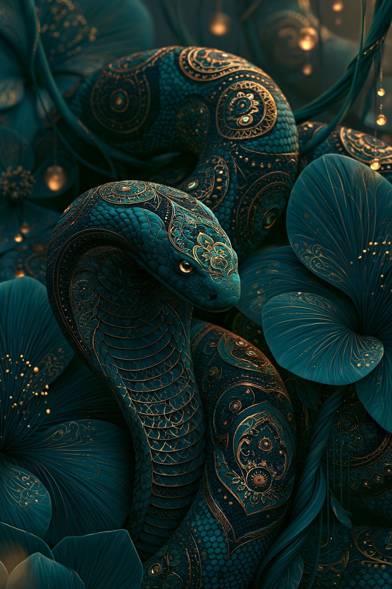 Ornate Teal Snake Illustration Poster. poster — illustration art