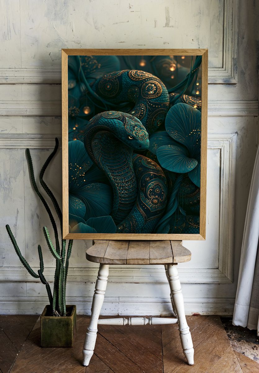 Ornate Teal Snake Illustration Poster. room preview