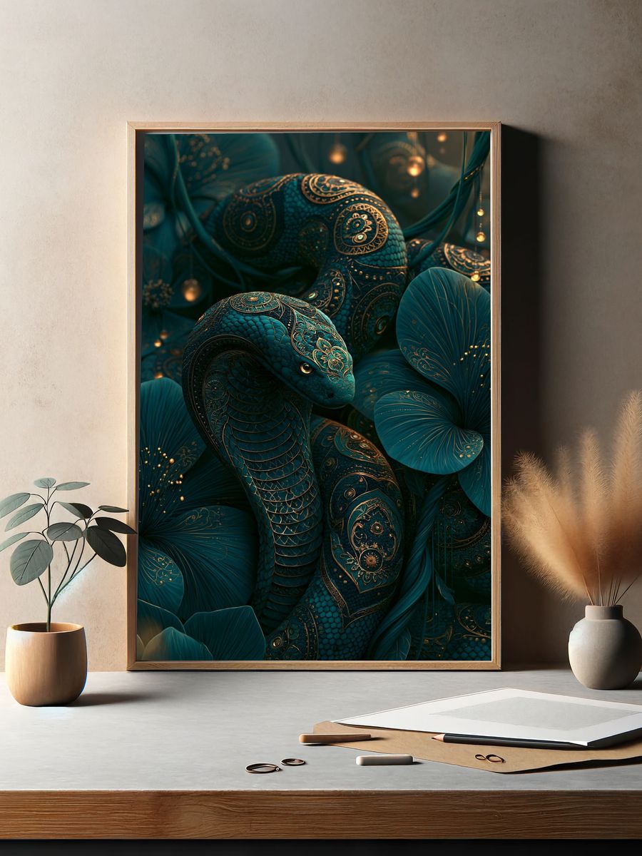 Ornate Teal Snake Illustration Poster. — room view 2
