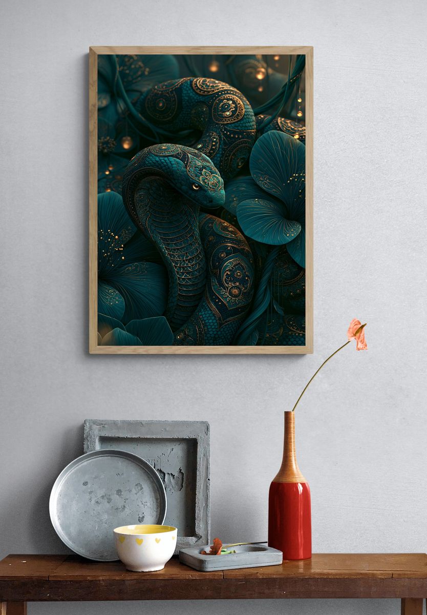 Ornate Teal Snake Illustration Poster. — room view 3