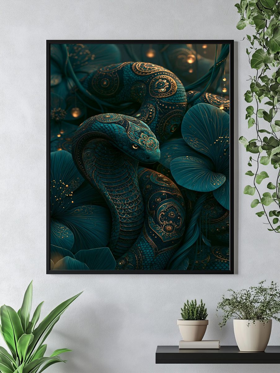 Ornate Teal Snake Illustration Poster. — room view 4