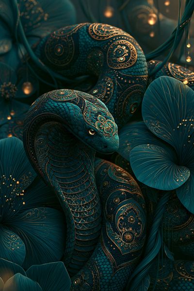 Ornate Teal Snake Illustration Poster.