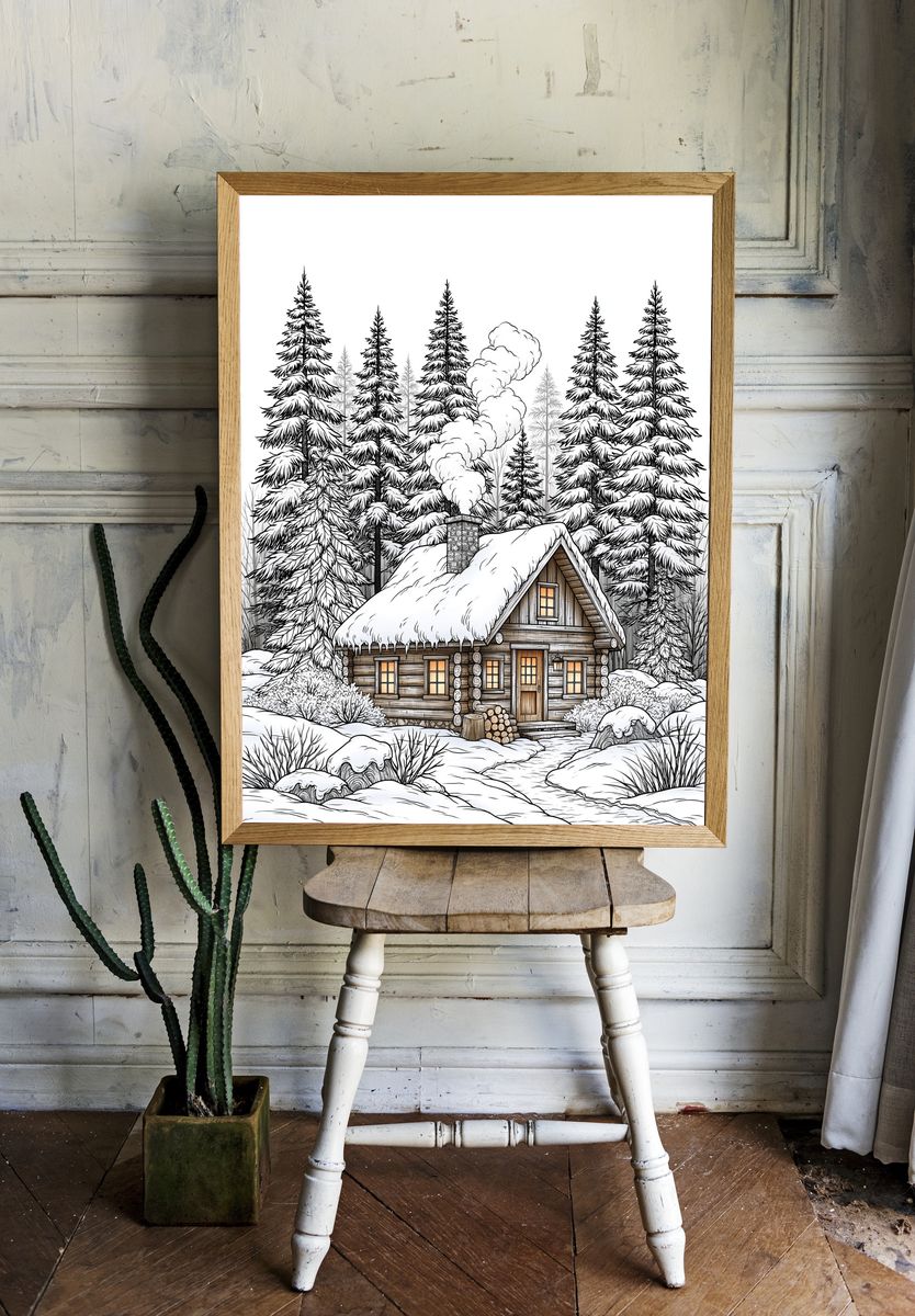 Snowy Cabin Forest Illustration Poster. room preview