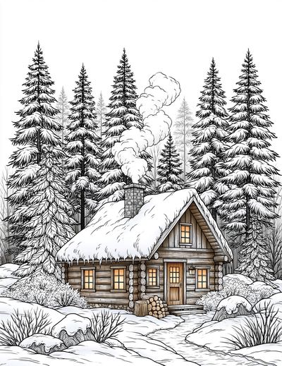 Snowy Cabin Forest Illustration Poster.
